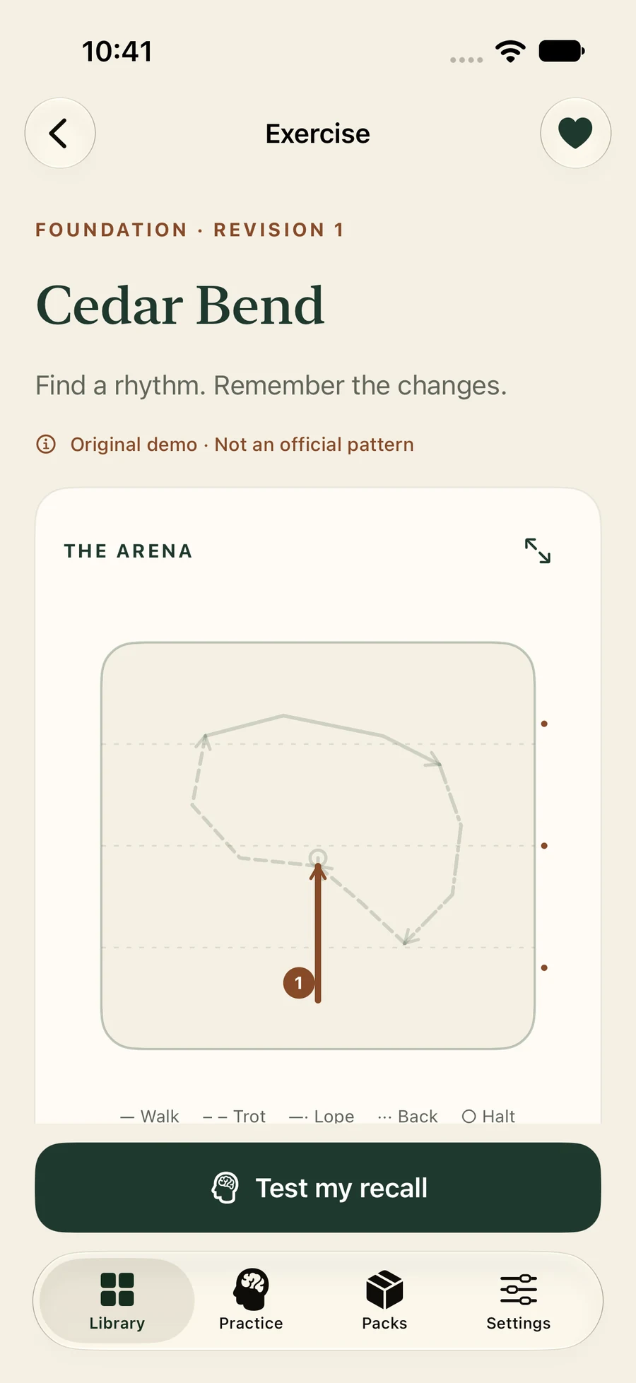 An actual Pattern Trainer prototype screen showing Cedar Bend, an original exercise that is not an official pattern.