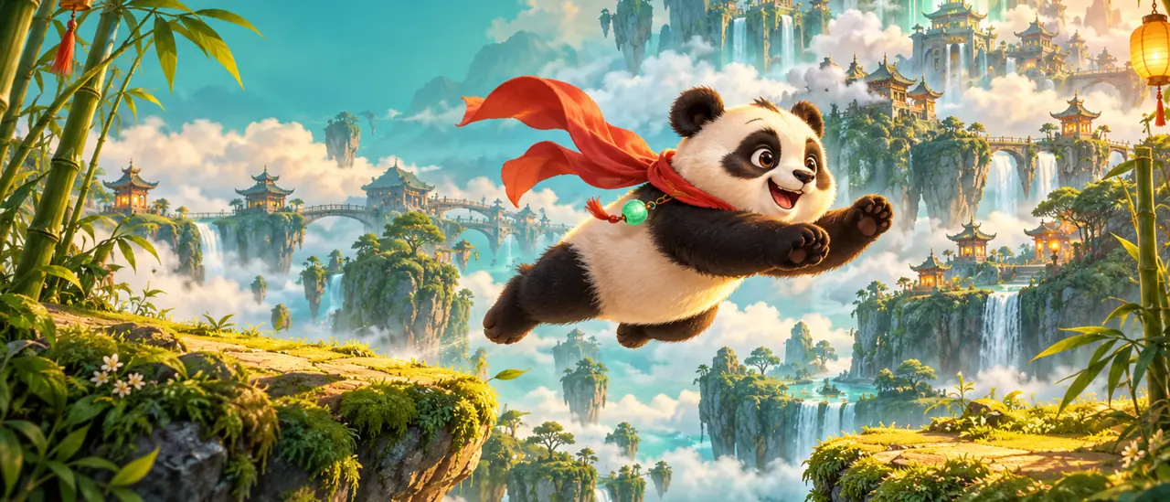 Original Bamboo Bound Header with Nori, the panda with coral scarf and jade charm, leaping between illustrated bamboo sanctuaries. Not gameplay.