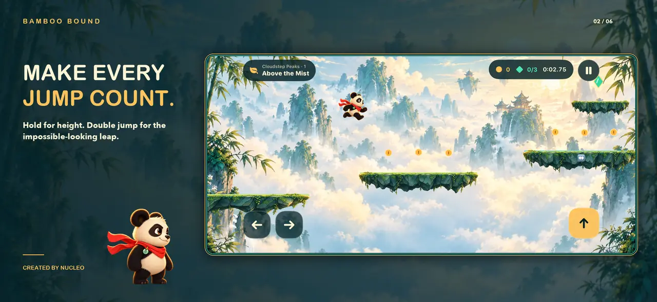 Delivered English Bamboo Bound landscape composition with real native UI: A variable-jump and double-jump capture in Cloudstep Peaks. No UI retouching.