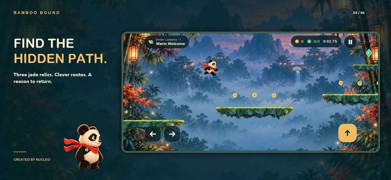 Delivered English Bamboo Bound landscape composition with real native UI: Jade relics, coins and obstacles in Ember Lanterns. No UI retouching.