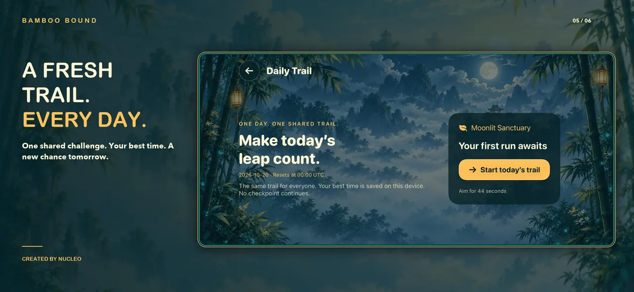 Delivered English Bamboo Bound landscape composition with real native UI: The native daily menu, with local times and no checkpoint continues. No UI retouching.