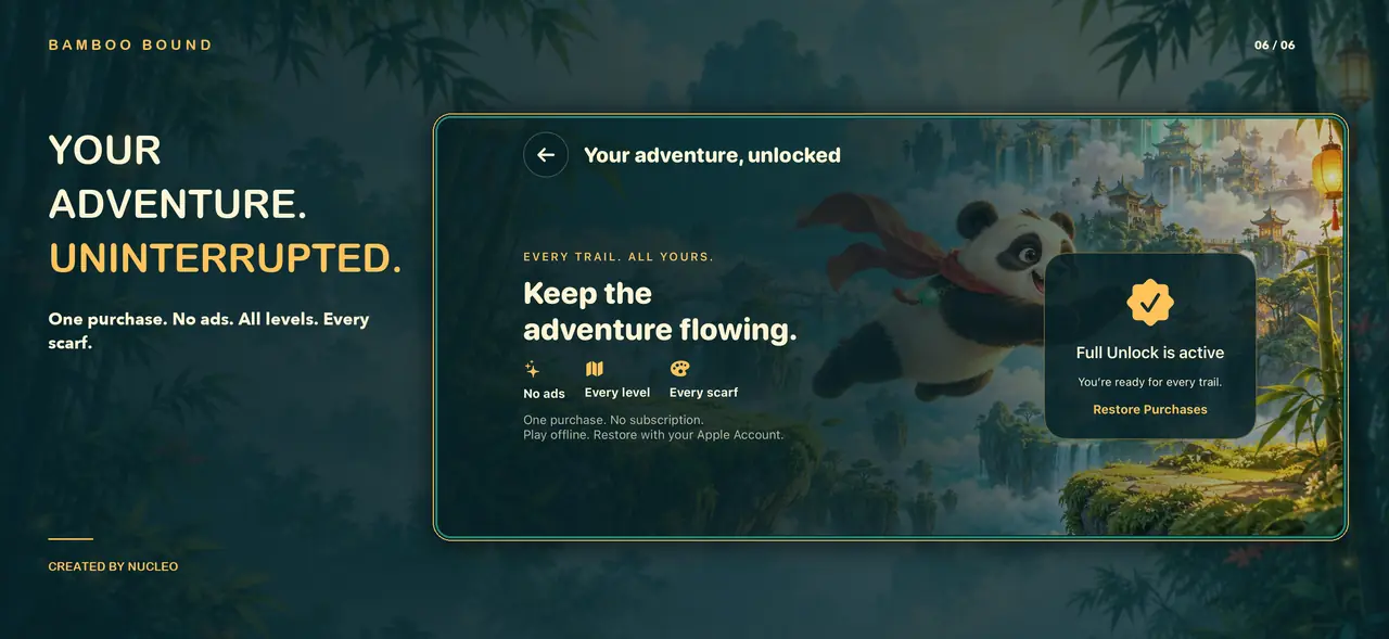 Delivered English Bamboo Bound landscape composition with real native UI: Full Unlock active in a test environment; no production transaction is claimed. No UI retouching.