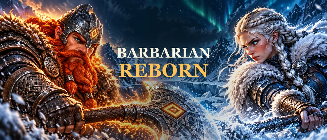 Header original de Barbarian Reborn: Axe Duel con Eirik, Skadi y un paisaje vikingo de fuego y hielo. Ilustración de marca, no juego.