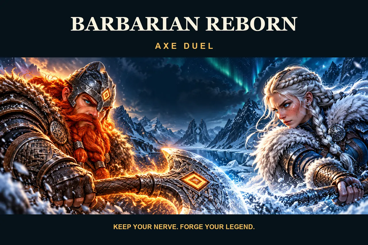 Arte original de Search de Barbarian Reborn: mantén la calma y forja tu leyenda. Eirik y Skadi se enfrentan en un paisaje ilustrado de fuego y hielo.