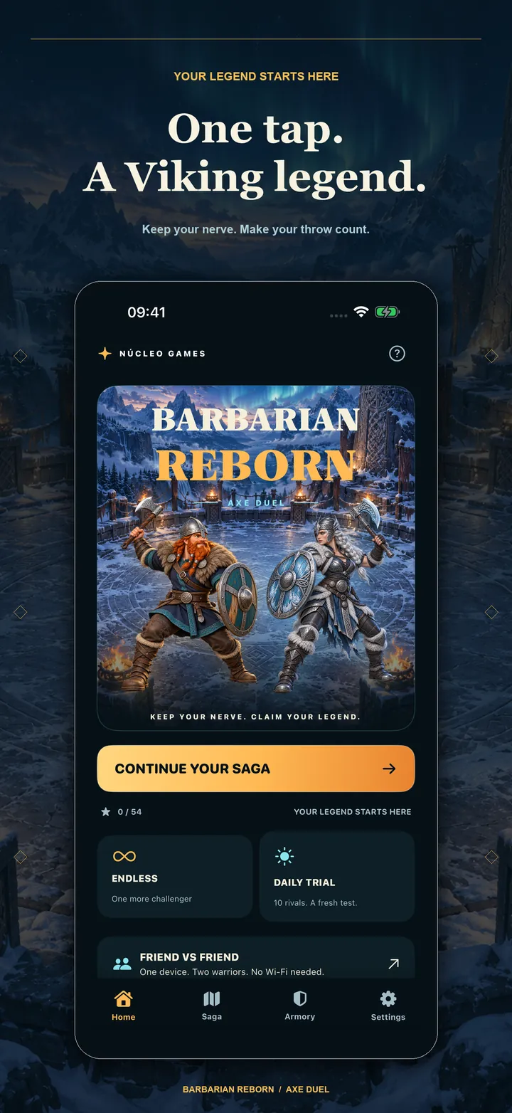 Composición final inglesa de App Store con el inicio nativo de Barbarian, arte vikingo original y cero estrellas de campaña.