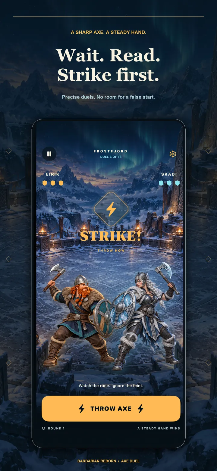 Duelo nativo de Frostfjord con Eirik y Skadi, tres escudos cada uno y la señal STRIKE, dentro de la composición final inglesa.