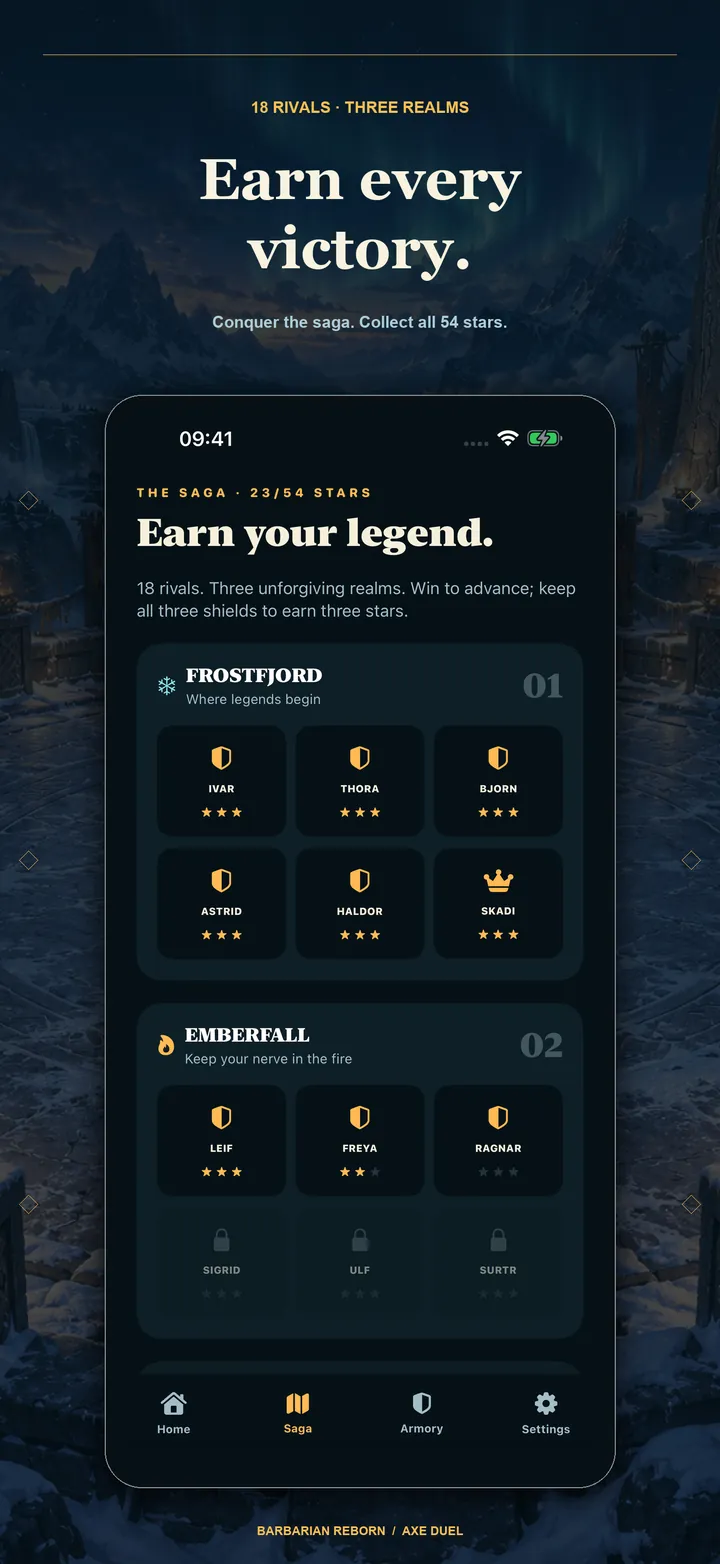Pantalla nativa Saga con progreso local preparado de demostración de 23 sobre 54 estrellas y fases de Frostfjord y Emberfall; no son resultados ganados por jugadores.