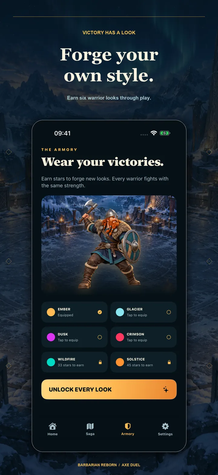 Armory nativo con Eirik y seis aspectos de color cosméticos, desbloqueos locales preparados de demostración y requisitos de estrellas.