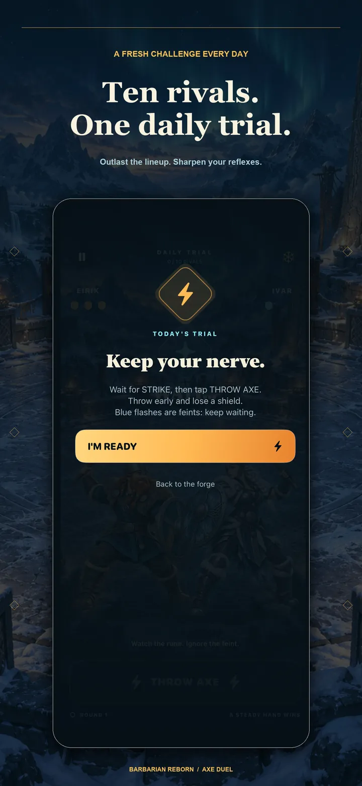 Introducción nativa de Daily Trial con diez rivales y las instrucciones reales de esperar a STRIKE, evitar adelantarse e ignorar los amagos azules.