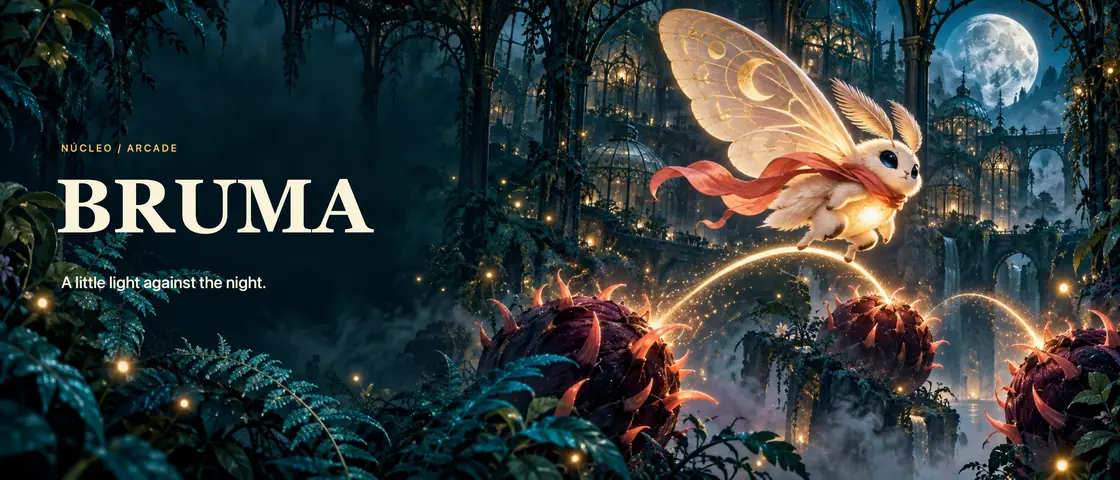 Original BRUMA Header: A little light against the night. Luma, the ivory moth with a coral scarf, leaps over illustrated thorn seeds in a moonlit greenhouse.