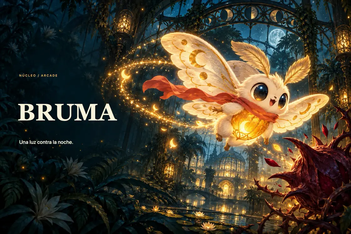 Ilustración original de Search de BRUMA con Luma, alas luminosas, bufanda coral y un rastro dorado en un invernadero oscuro. Arte de marca, no juego.