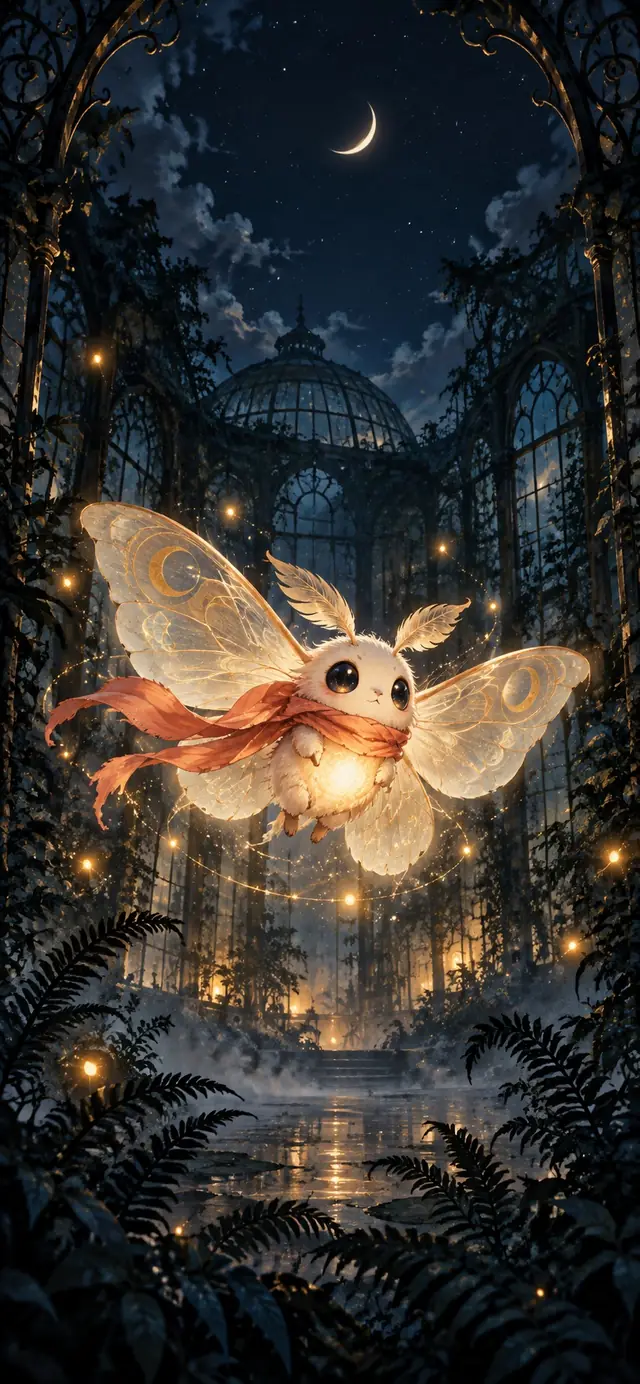 Original BRUMA launch art with Luma glowing under a crescent moon, greenhouse arches and fireflies; not gameplay.