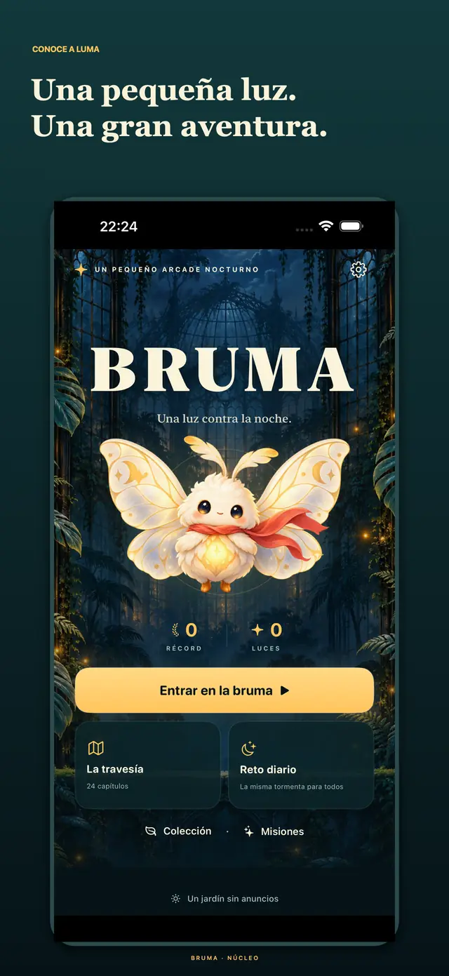 Inicio nativo de BRUMA con arte original de Luma y récords locales iniciales a cero.