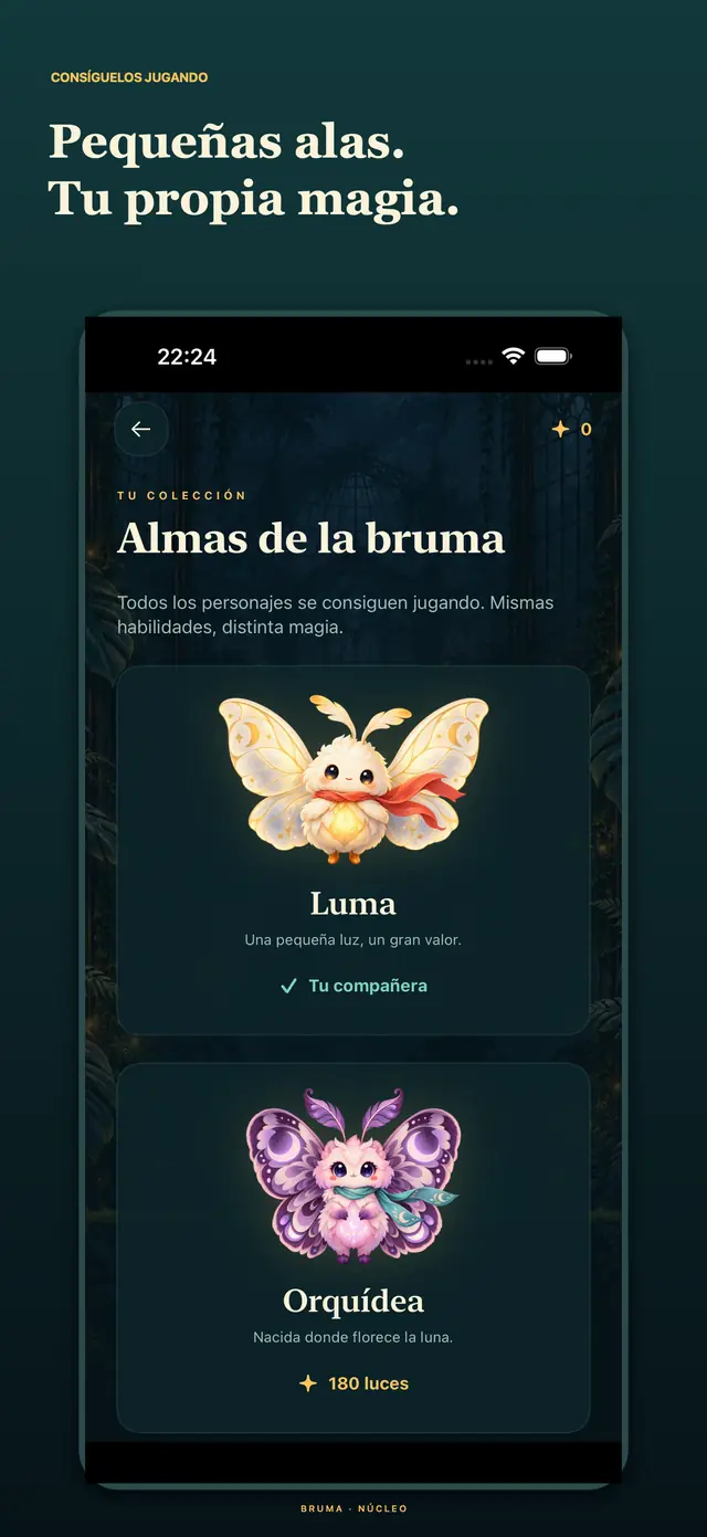 Colección nativa con Luma y Orquídea, moneda local inicial y requisitos de desbloqueo jugando.