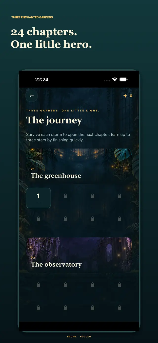 Native 24-chapter journey with fresh local progress and greenhouse and observatory sections.