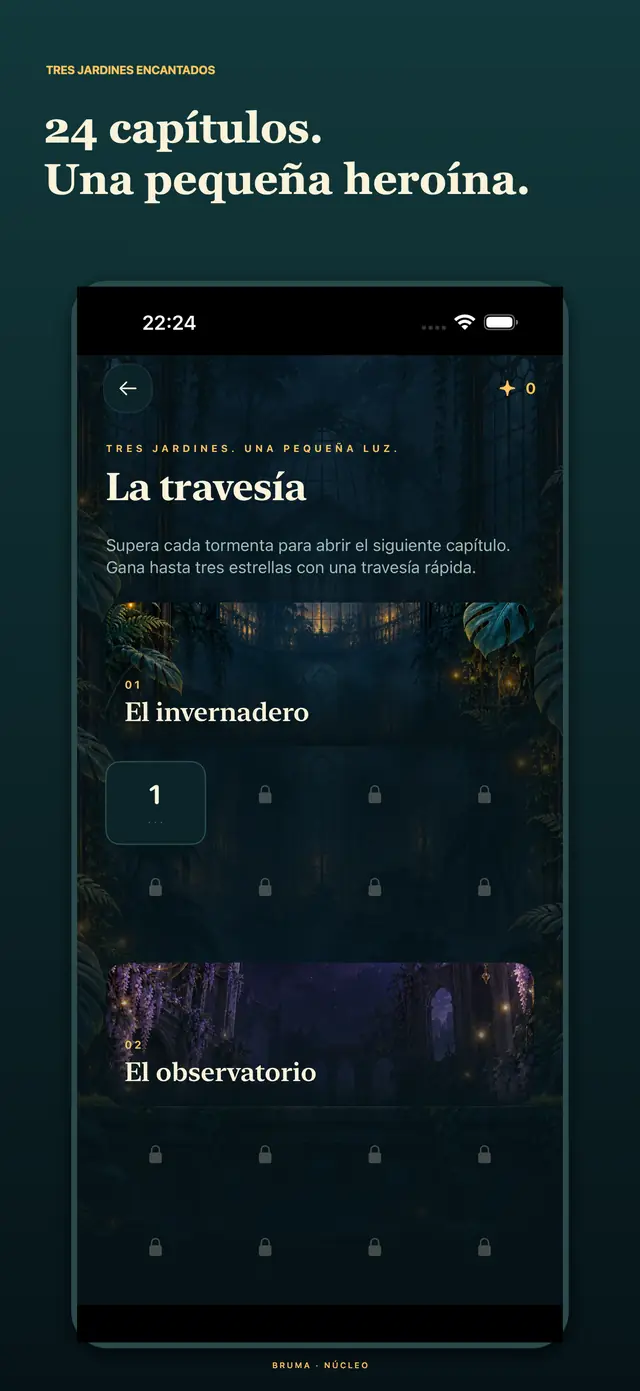Travesía nativa de 24 capítulos con progreso local inicial y secciones de invernadero y observatorio.