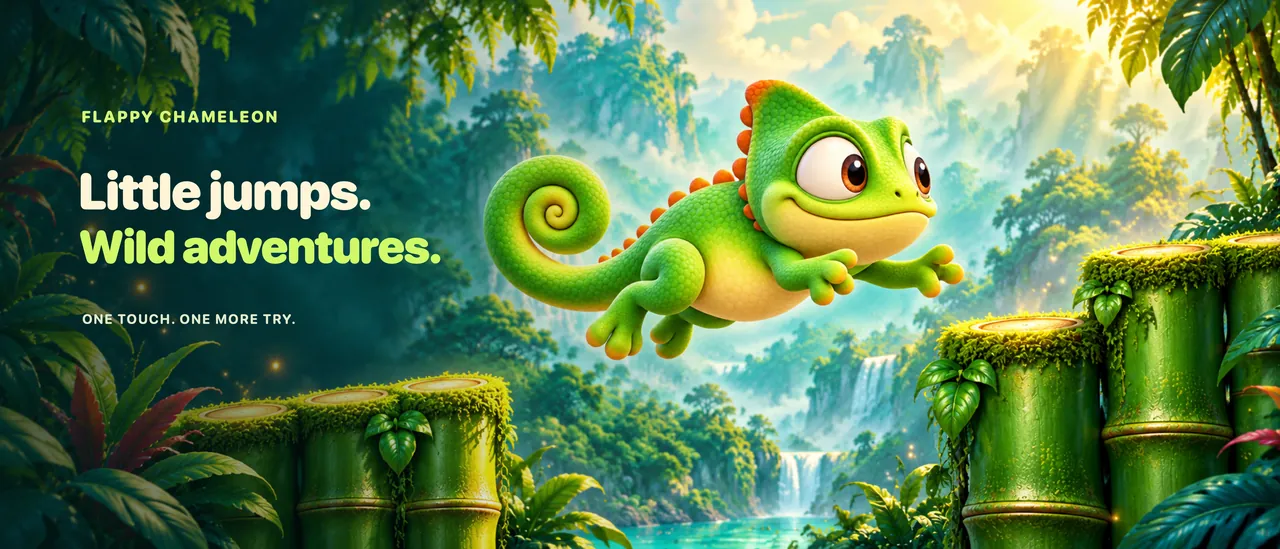 Ilustración original de marca de Flappy Chameleon con Kiwi, selva y bambú: Little jumps. Wild adventures.