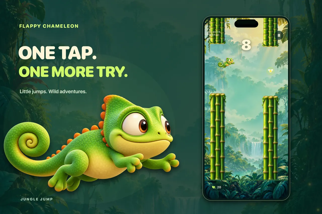 One tap. One more try. Arte de Search Results de Flappy Chameleon con la pantalla nativa real del modo clásico.