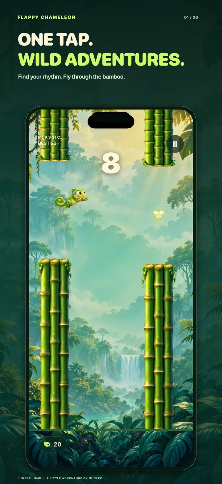 Composición final inglesa de Flappy Chameleon: Un toque. Grandes aventuras. Arte original de Kiwi y pantalla nativa real de desarrollo 2.0 sin retocar, con progreso local de demostración.
