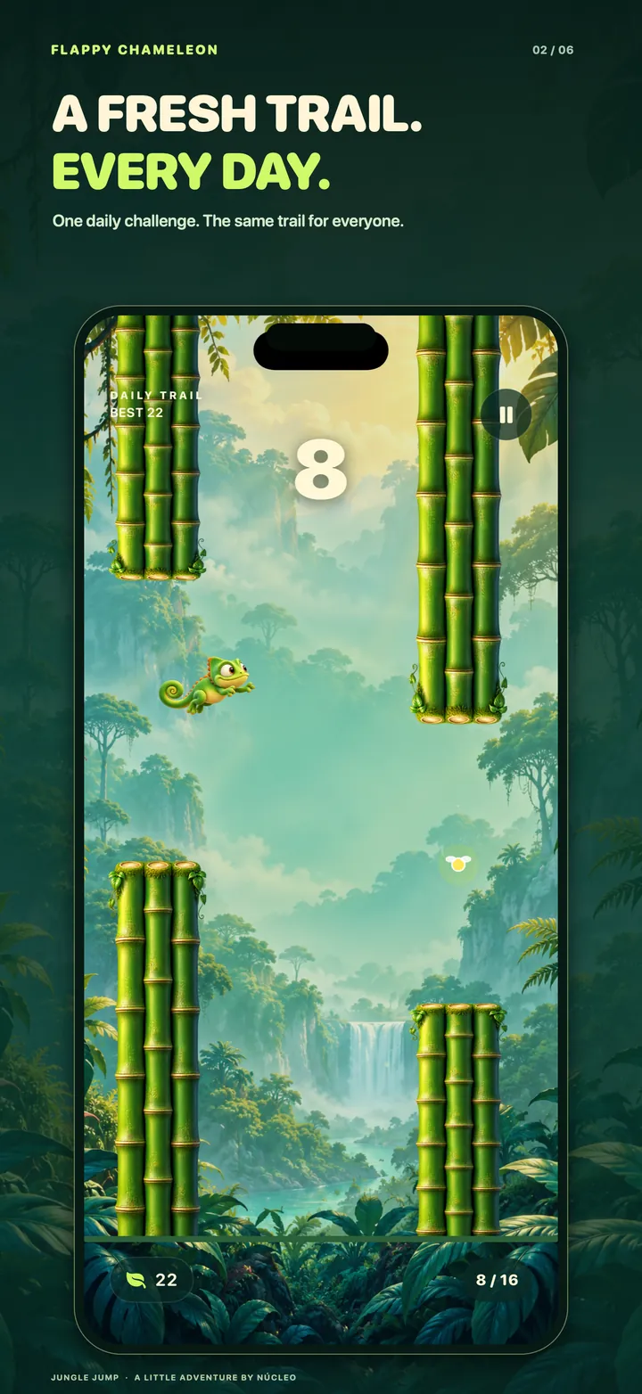 Composición final inglesa de Flappy Chameleon: Un nuevo recorrido. Cada día. Arte original de Kiwi y pantalla nativa real de desarrollo 2.0 sin retocar, con progreso local de demostración.
