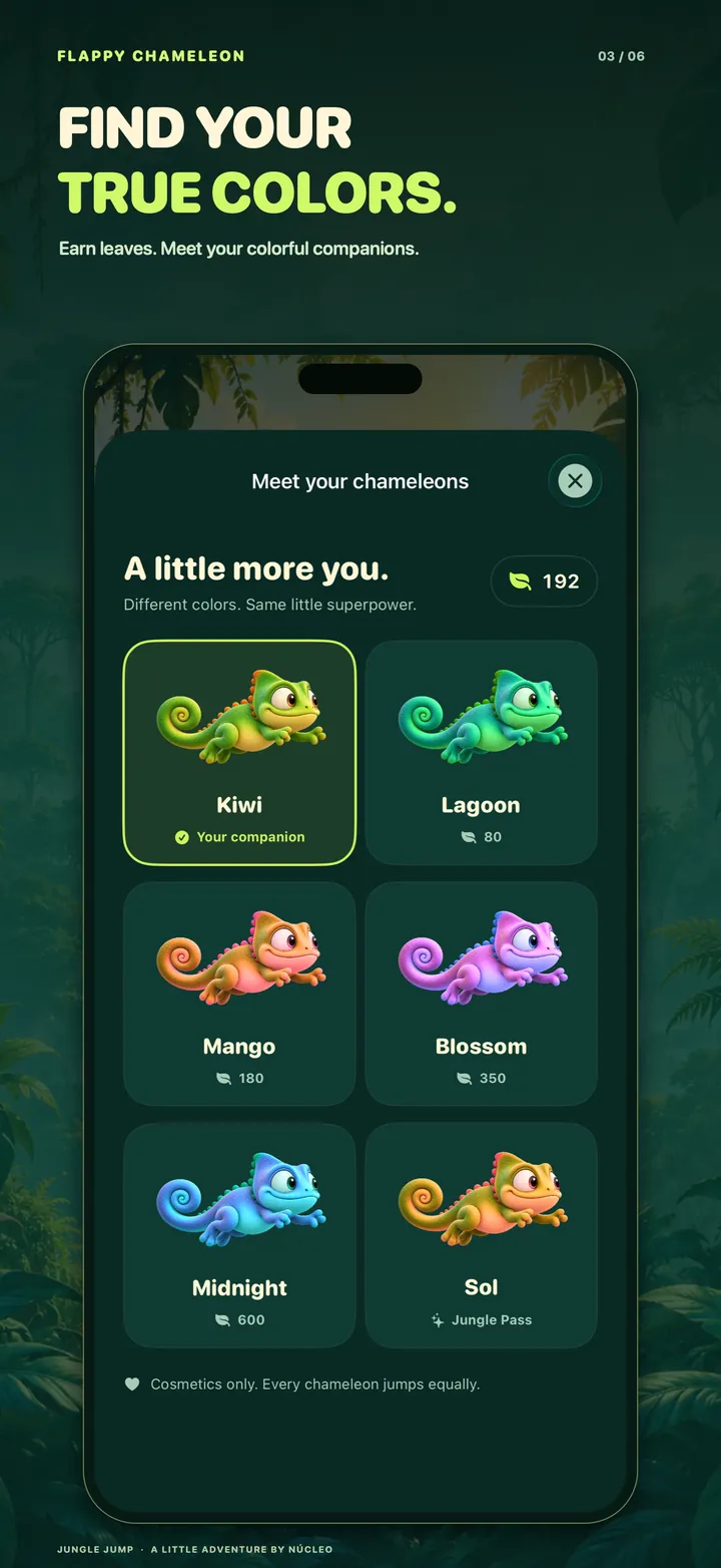 Composición final inglesa de Flappy Chameleon: Encuentra tus colores. Arte original de Kiwi y pantalla nativa real de desarrollo 2.0 sin retocar, con progreso local de demostración.