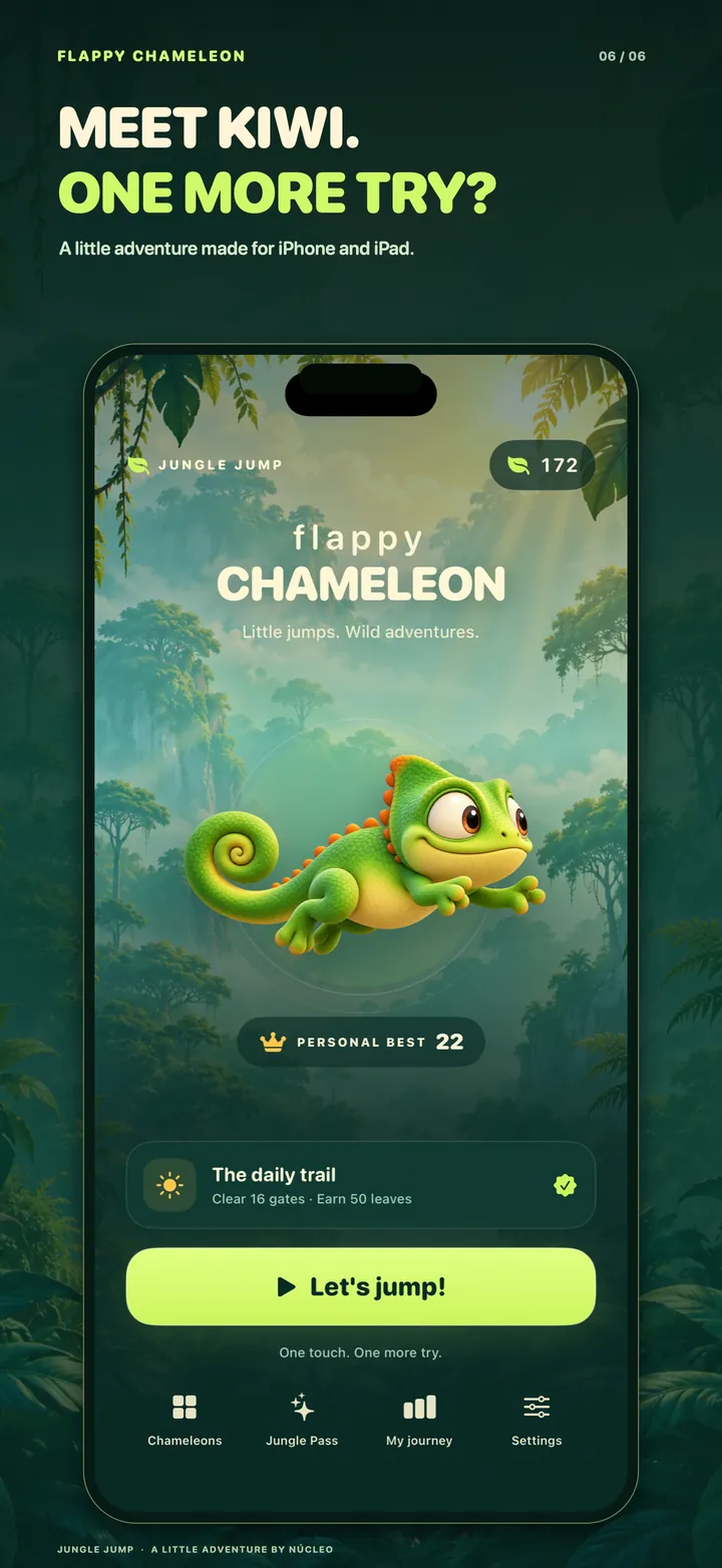 Composición final inglesa de Flappy Chameleon: Conoce a Kiwi. ¿Otro intento? Arte original de Kiwi y pantalla nativa real de desarrollo 2.0 sin retocar, con progreso local de demostración.