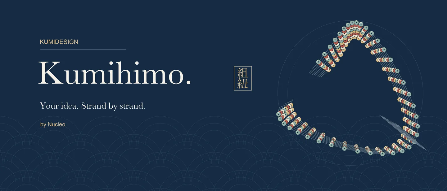 Cabecera original de marca de KumiDesign: Kumihimo, el sello japonés 組紐, by Nucleo y un lazo decorativo de hilos con cuentas.