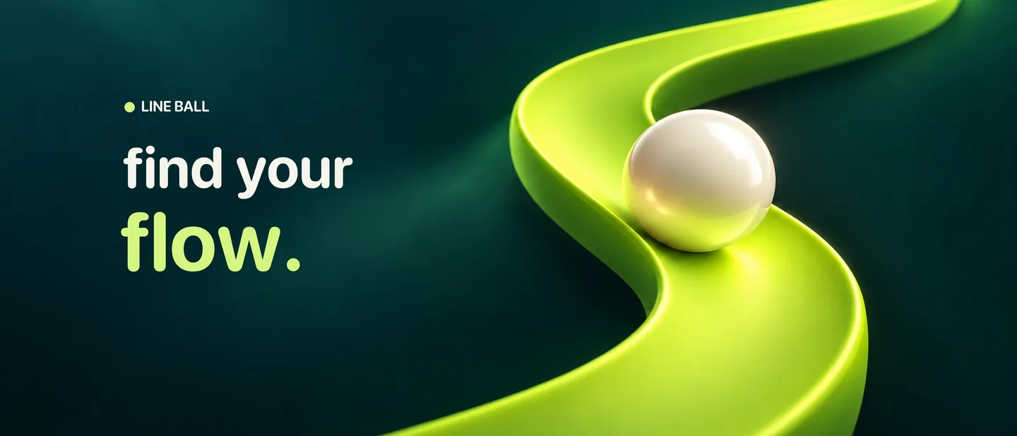 Original Line Ball header with find your flow, a pearl sphere and flowing lime ribbon on deep teal.