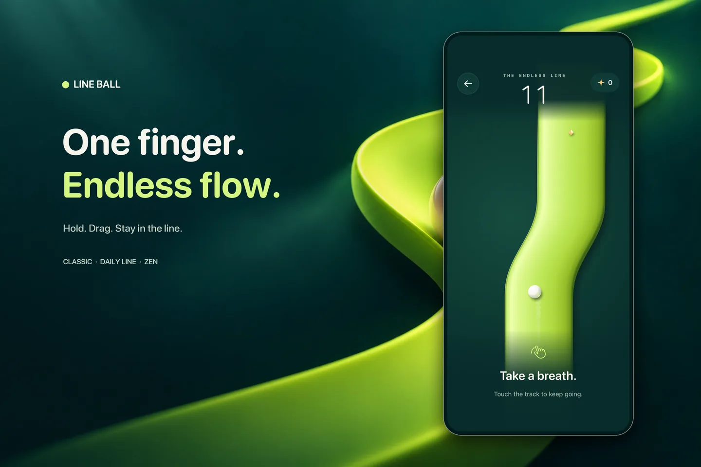 One finger. Endless flow. Line Ball Search Results artwork with the actual native classic-play screen, its dimensional lime ribbon and pearl ball, preserved without UI retouching.