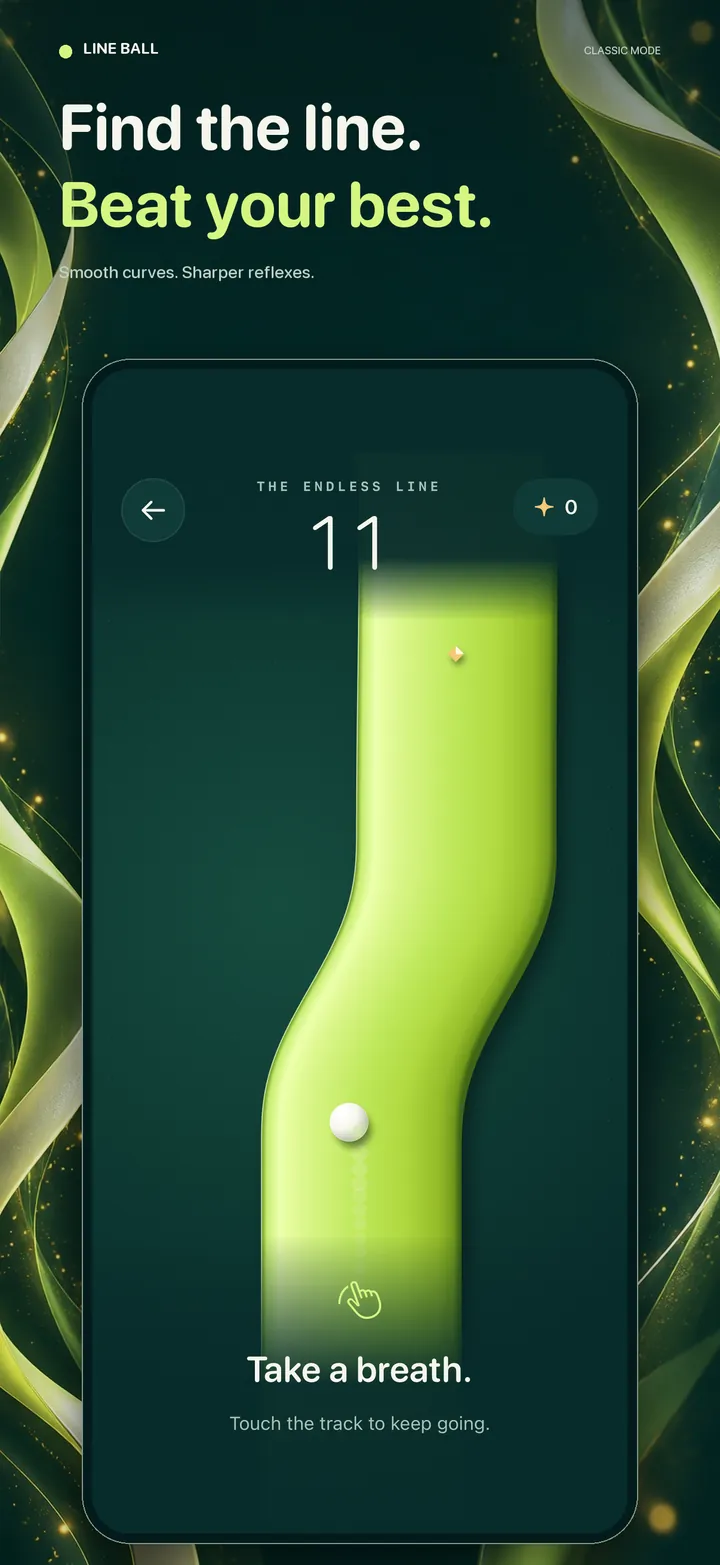Line Ball classic-mode App Store composition with genuine native iPhone gameplay, a shaded lime ribbon, a pearl ball and a local demonstration score.