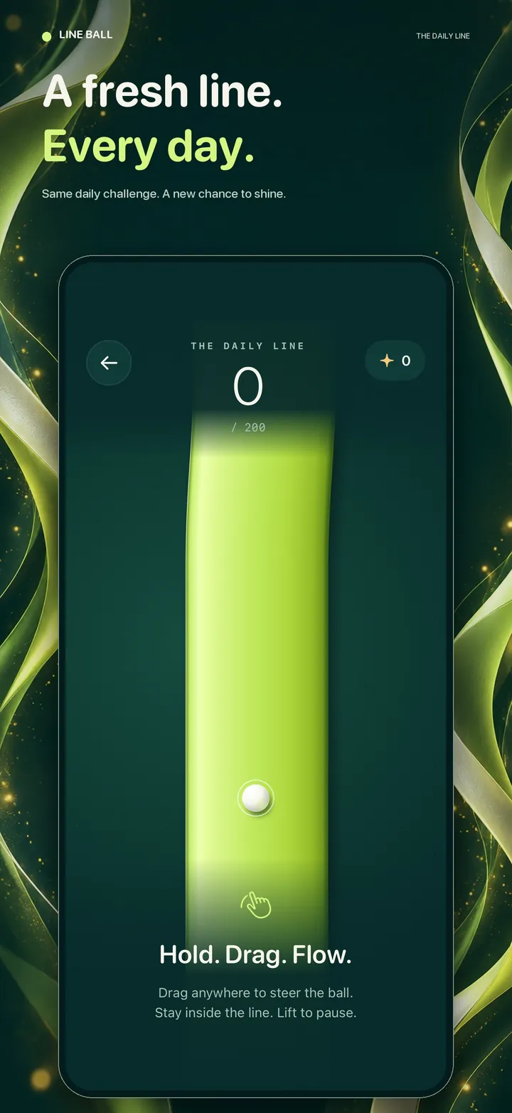 Line Ball daily-mode App Store composition with the real native daily challenge, dimensional lime track, pearl ball and a zero-of-200 demonstration state.