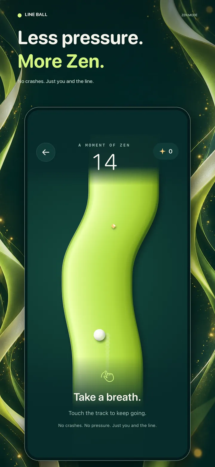 Line Ball Zen App Store composition with real native iPhone gameplay, a curved illuminated ribbon, pearl ball and the paused demonstration run.
