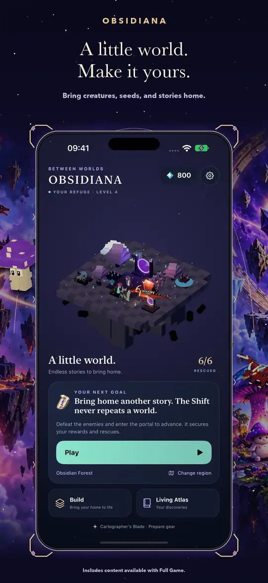 Obsidiana framed native 01-refuge screen with advanced review data and original world artwork.
