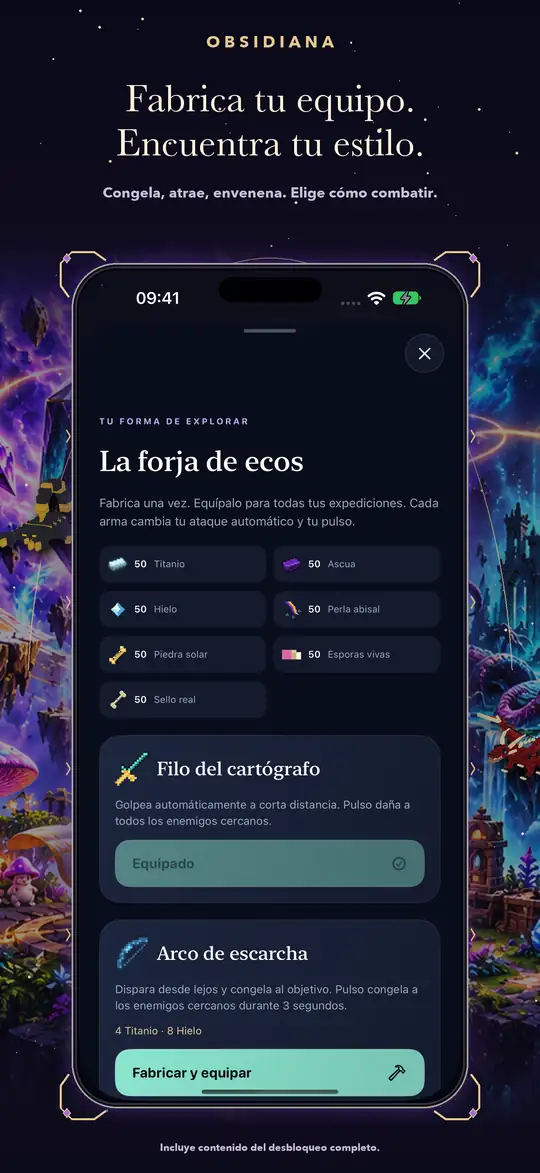 Pantalla nativa enmarcada de Obsidiana 04-forge con datos avanzados de revisión y arte original.
