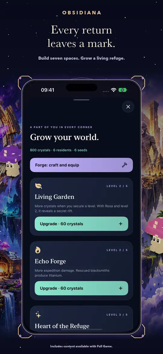 Obsidiana framed native 06-build screen with advanced review data and original world artwork.