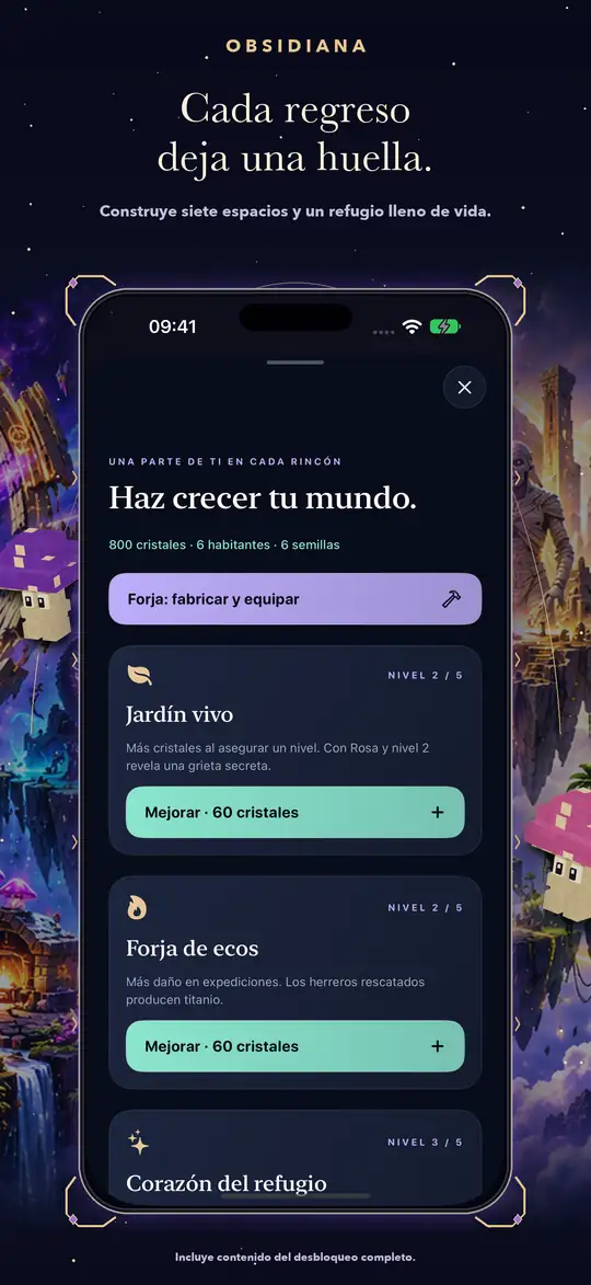 Pantalla nativa enmarcada de Obsidiana 06-build con datos avanzados de revisión y arte original.