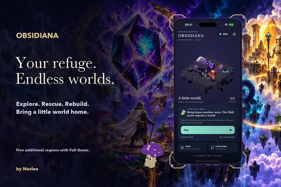 Your refuge. Endless worlds. English Obsidiana commercial artwork with a genuine native refuge screen.