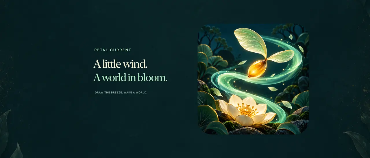 Header original de Petal Current: semilla luminosa, corriente y flor, con el título A little wind. A world in bloom. Ilustración, no juego capturado.
