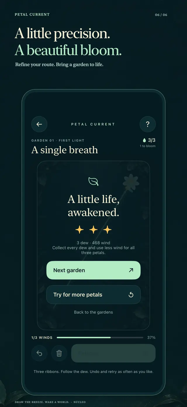 Composición inglesa de Petal Current con interfaz nativa real: Resultado nativo alcanzado con gestos reales de prueba: tres pétalos en el primer jardín. Sin retoque de interfaz.