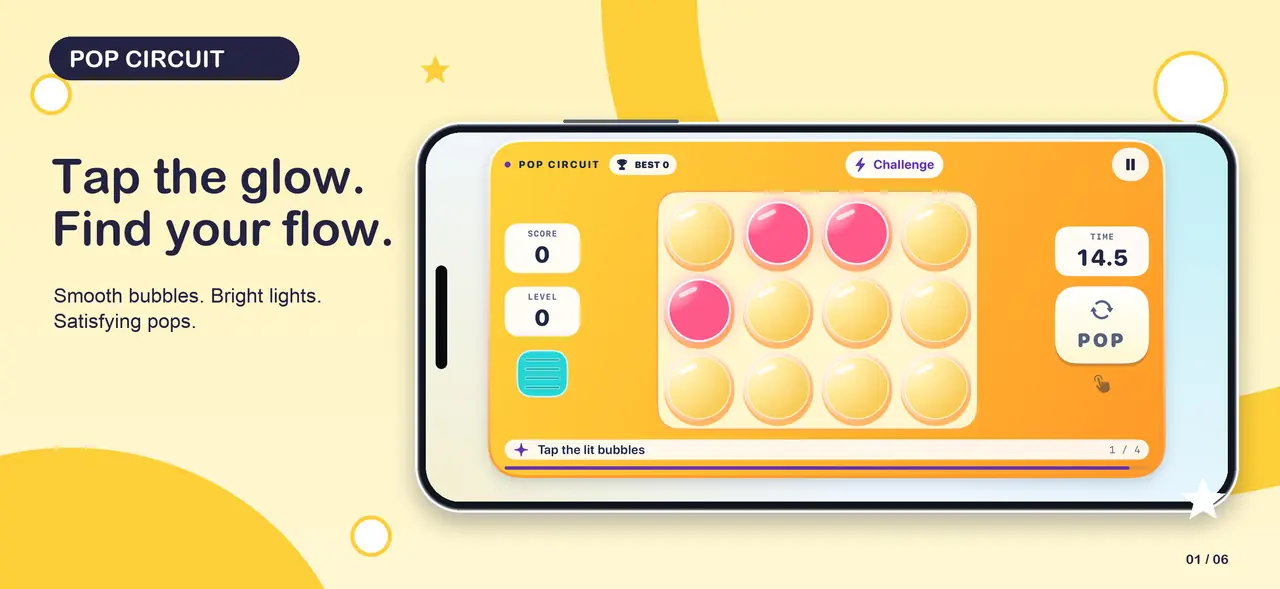 Pop Circuit 01-challenge App Store composition with an actual native iPhone screen, unchanged UI, a landscape iPhone frame and game-colour graphics.