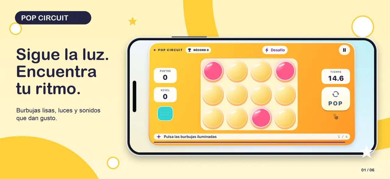 Composición de App Store de Pop Circuit 01-challenge con pantalla nativa real sin retocar, carcasa de iPhone en horizontal y gráficos de colores del juego.