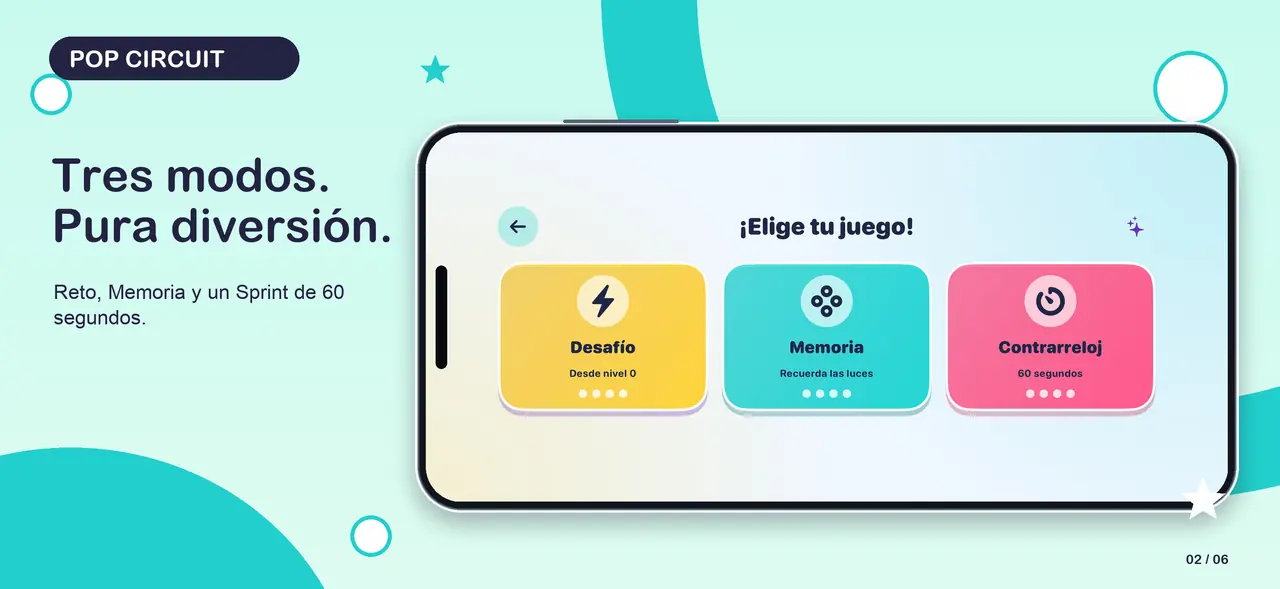 Composición de App Store de Pop Circuit 02-modes con pantalla nativa real sin retocar, carcasa de iPhone en horizontal y gráficos de colores del juego.