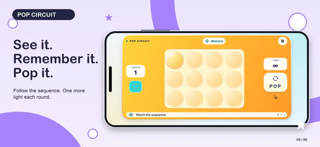 Pop Circuit 03-memory App Store composition with an actual native iPhone screen, unchanged UI, a landscape iPhone frame and game-colour graphics.