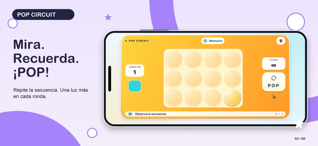 Composición de App Store de Pop Circuit 03-memory con pantalla nativa real sin retocar, carcasa de iPhone en horizontal y gráficos de colores del juego.