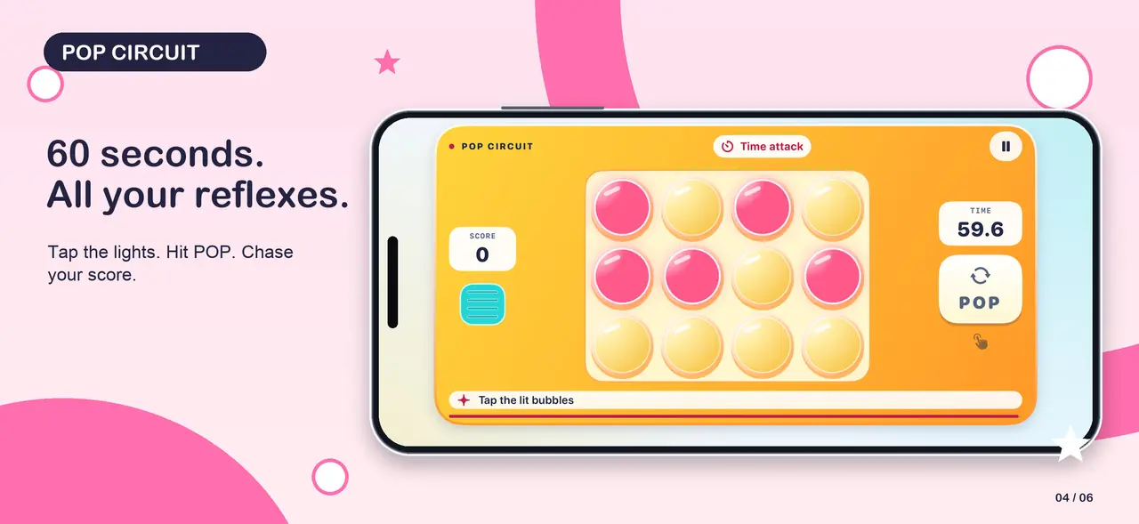 Pop Circuit 04-sprint App Store composition with an actual native iPhone screen, unchanged UI, a landscape iPhone frame and game-colour graphics.