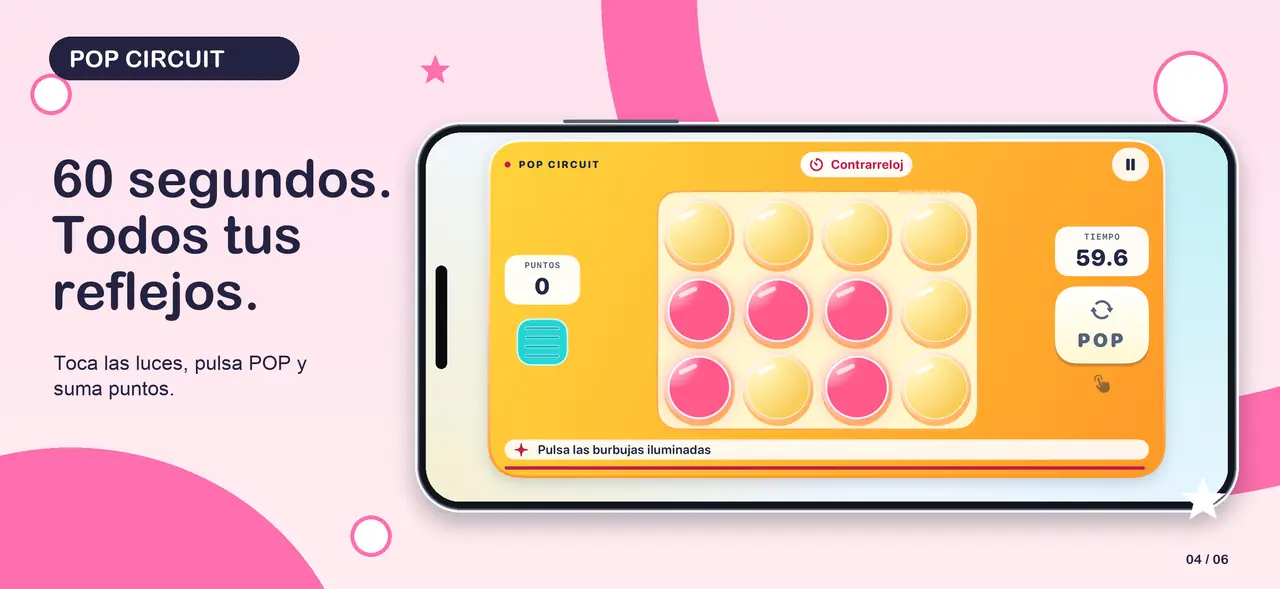 Composición de App Store de Pop Circuit 04-sprint con pantalla nativa real sin retocar, carcasa de iPhone en horizontal y gráficos de colores del juego.