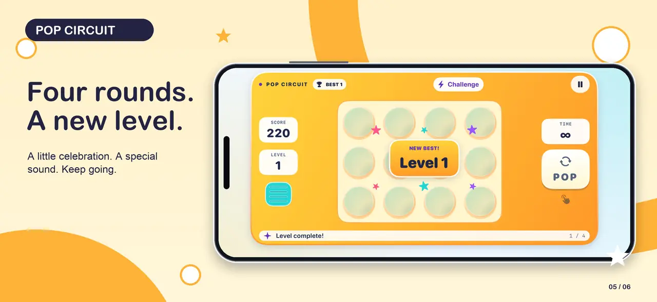 Pop Circuit 05-level-up App Store composition with an actual native iPhone screen, unchanged UI, a landscape iPhone frame and game-colour graphics.