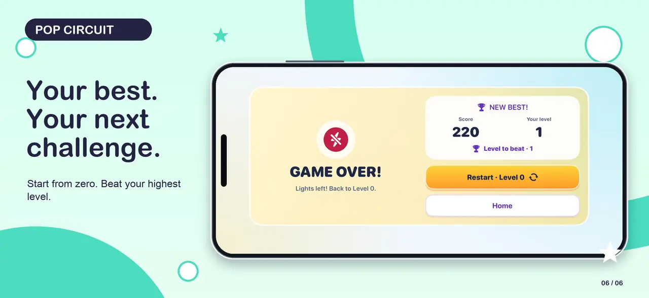 Pop Circuit 06-record App Store composition with an actual native iPhone screen, unchanged UI, a landscape iPhone frame and game-colour graphics.