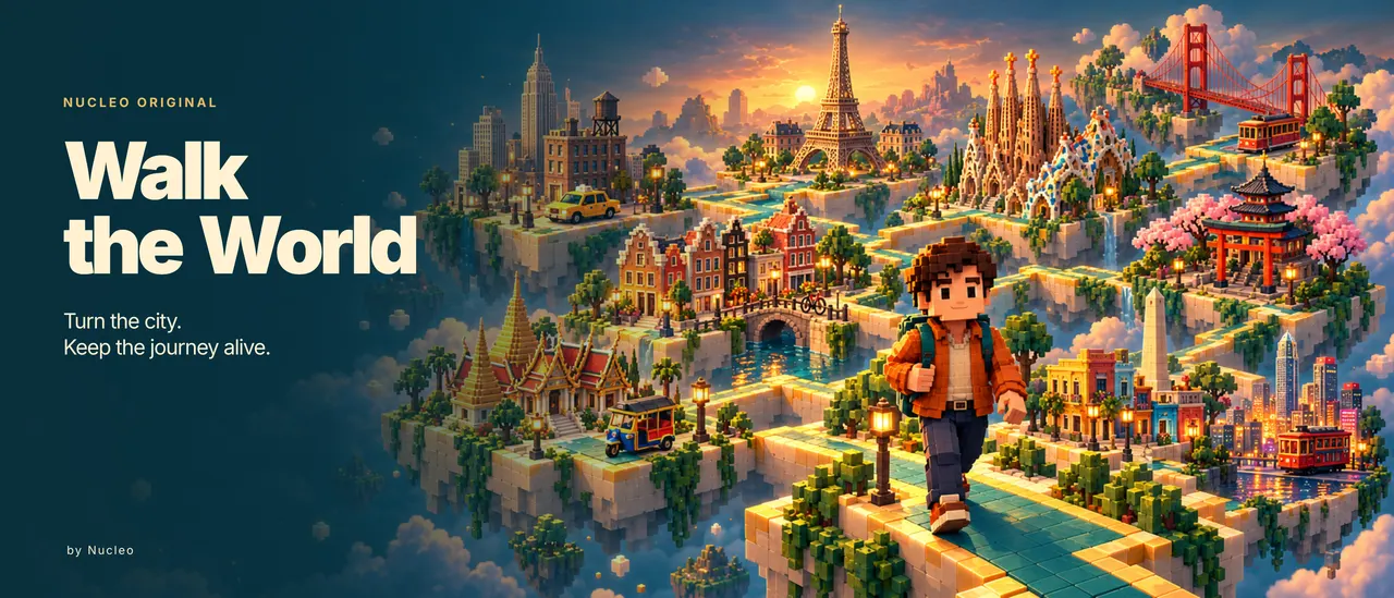 Original Walk the World city-route illustration with orange-jacket traveler. Artwork, not native gameplay.