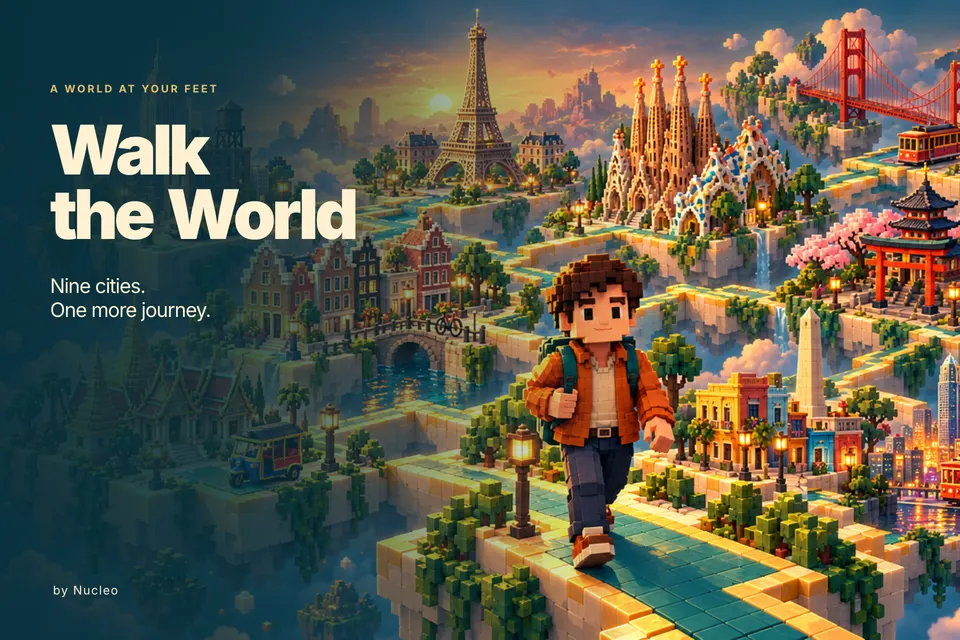 Original Walk the World city-route illustration with orange-jacket traveler. Artwork, not native gameplay.